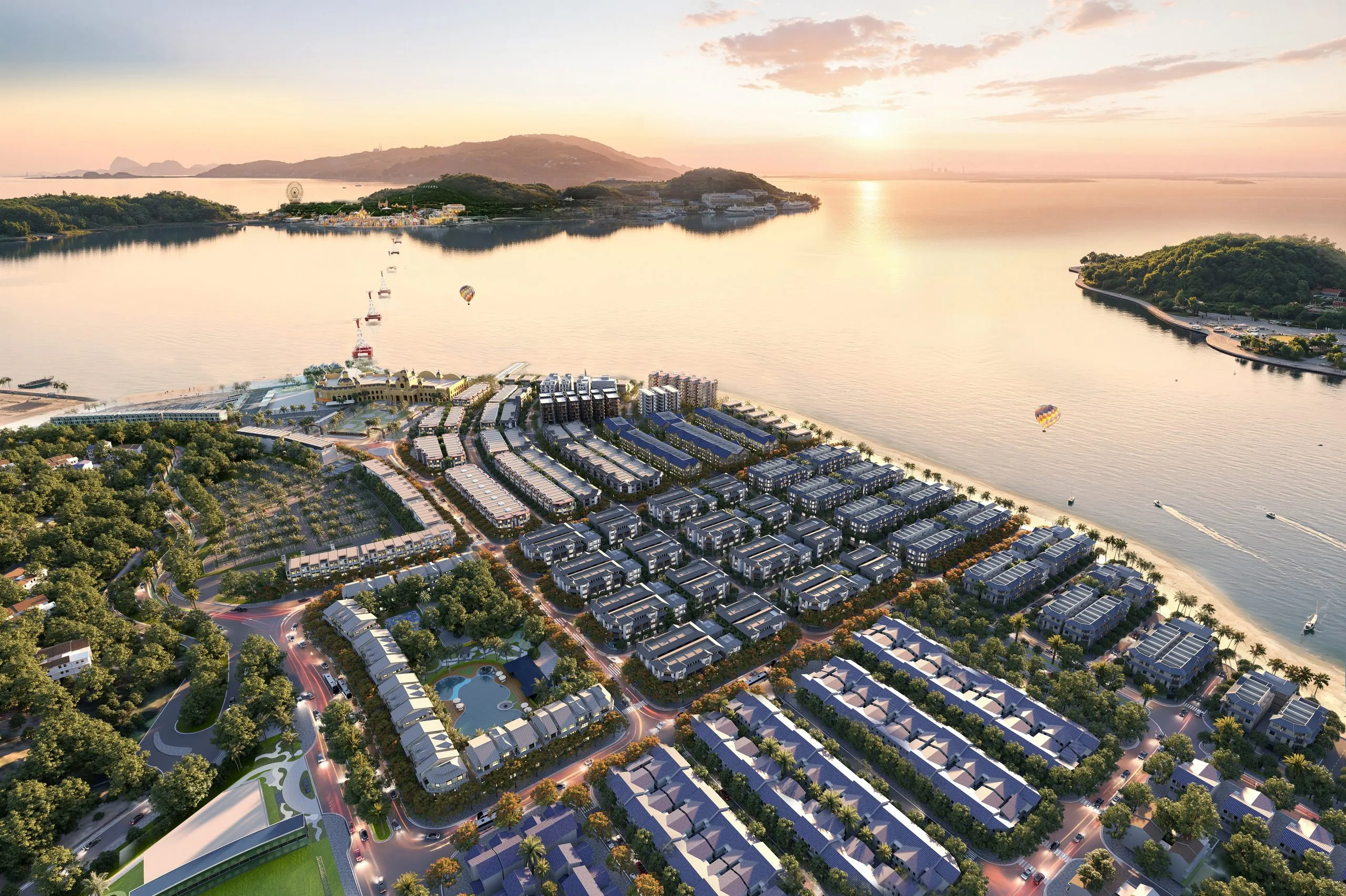 Toàn cảnh Vinhomes Pearl Bay lúc hoàng hôn — đô thị vịnh biển 33,8 ha bên vịnh Nha Trang, nhìn ra đảo Hòn Tre