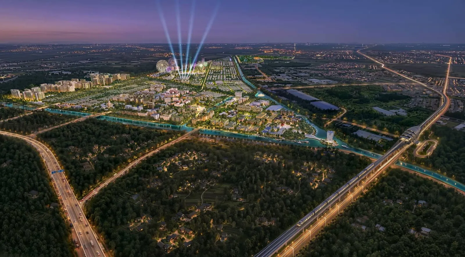 Phối cảnh toàn cảnh Vinhomes Saigon Park về đêm với tuyến Metro số 2