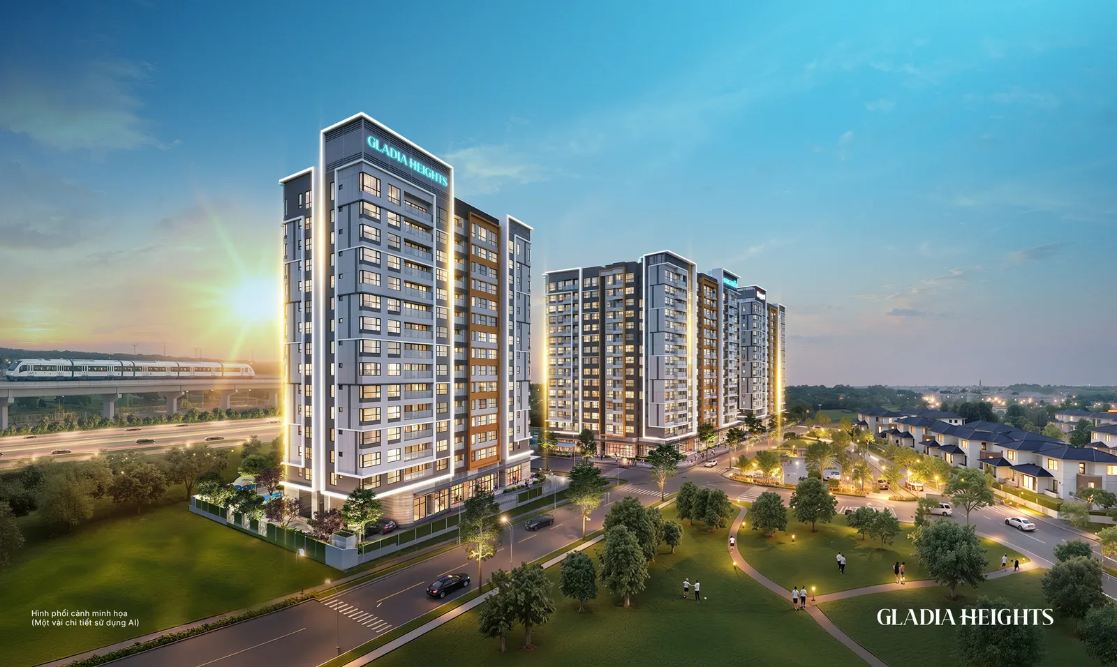 Phối cảnh 3 tháp căn hộ Gladia Heights bên khu thấp tầng ven sông (hình ảnh minh họa của chủ đầu tư)