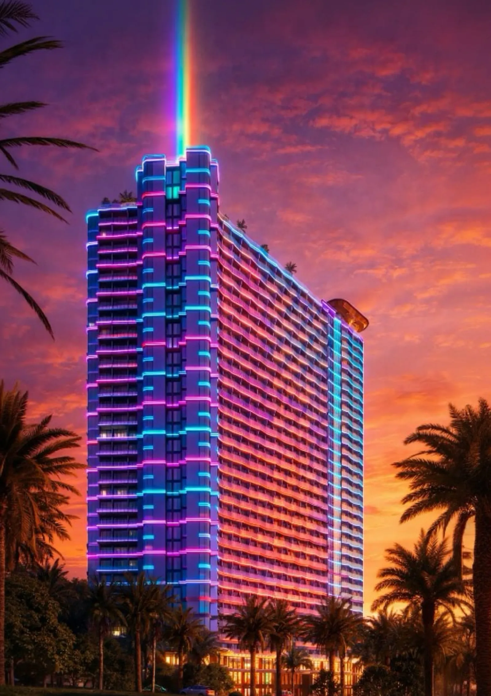 Phối cảnh Alora Nha Trang về đêm với mặt tiền neon (hình ảnh kỹ thuật từ tài liệu chủ đầu tư)