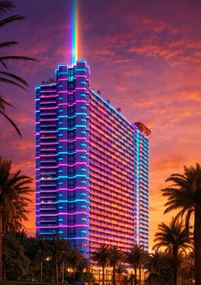 Phối cảnh Alora Nha Trang về đêm với mặt tiền neon (hình ảnh kỹ thuật từ tài liệu chủ đầu tư)