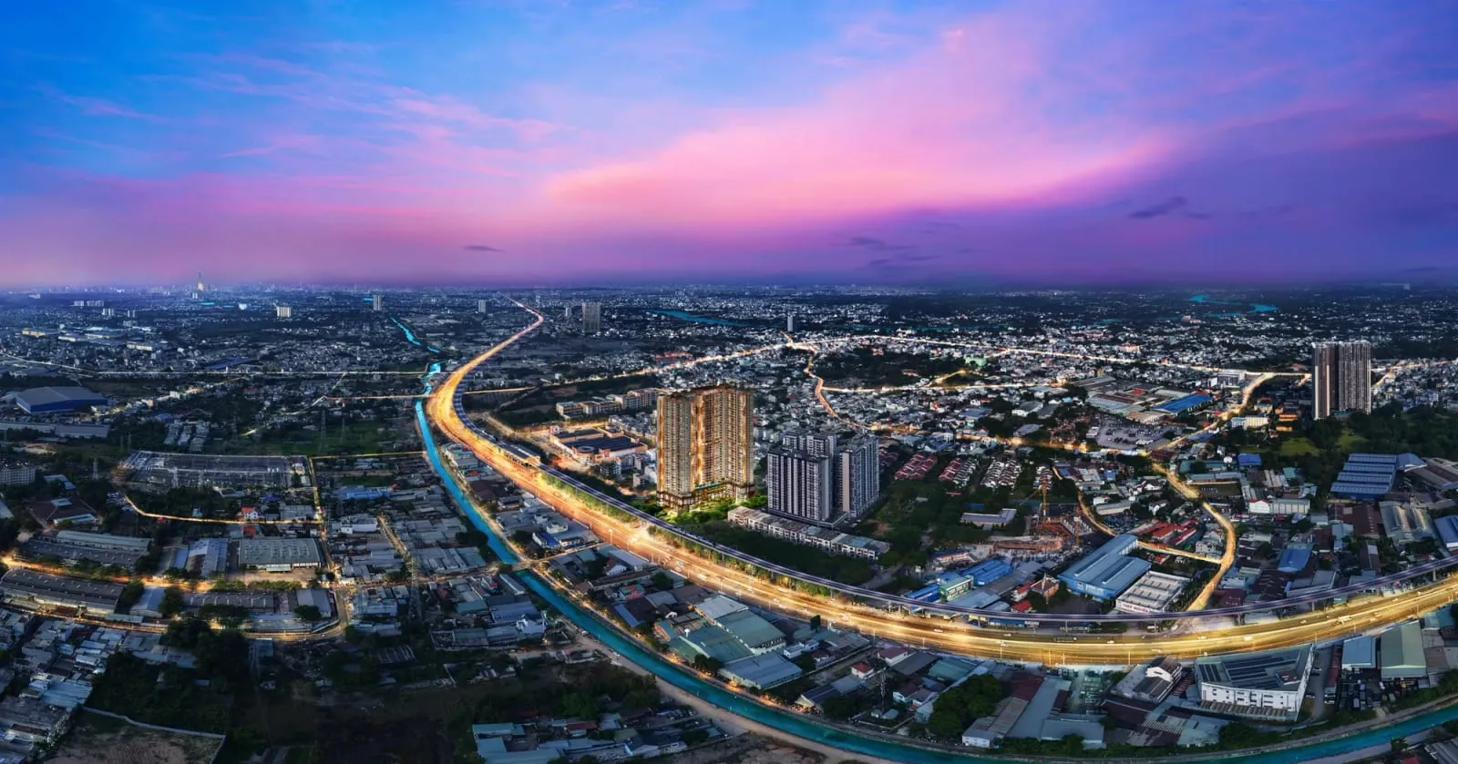Phối cảnh trên cao dự án SkySOLIS lúc hoàng hôn nhìn theo trục Quốc lộ 13