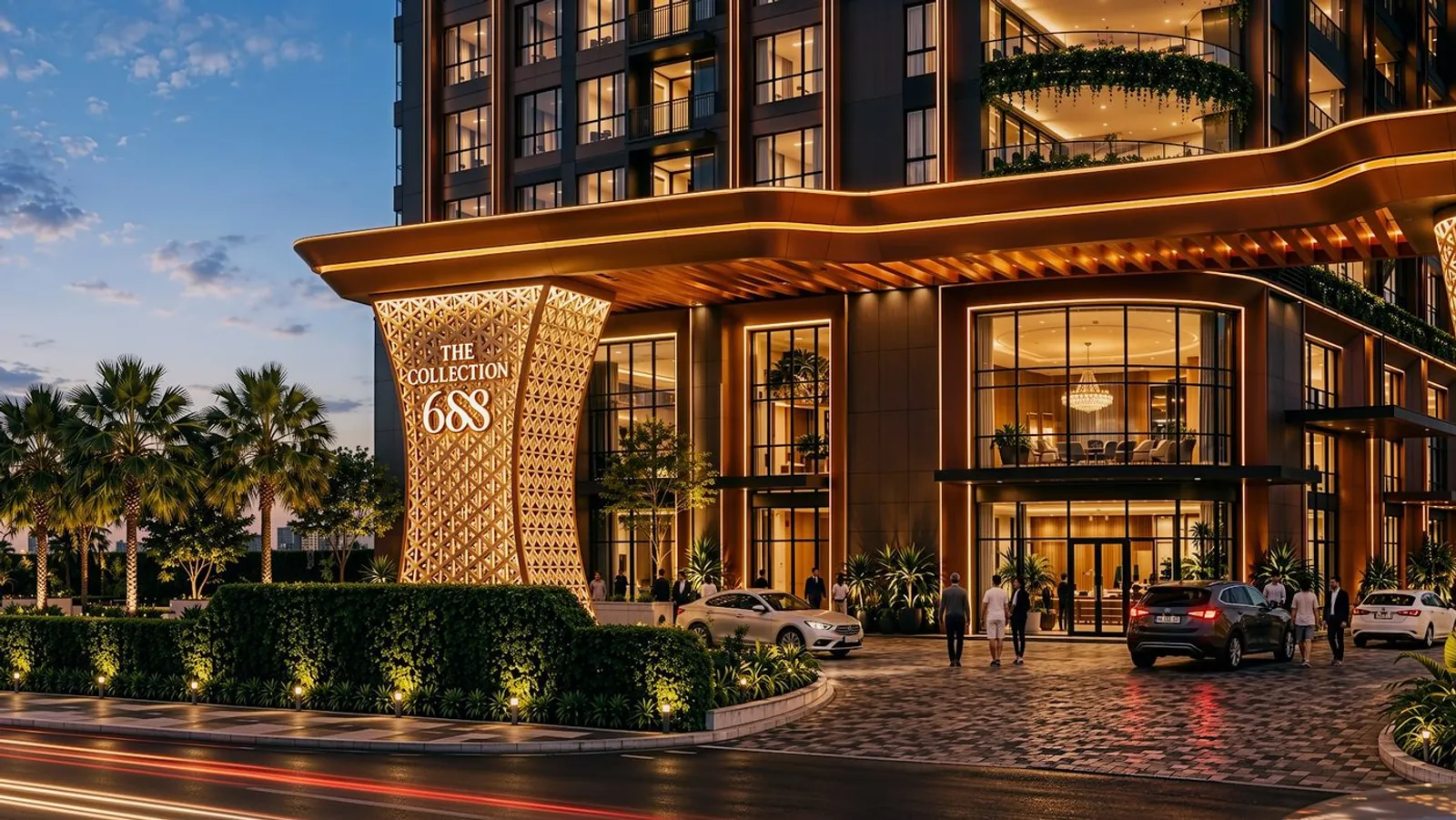Rendering of The Collection 688's entrance sign and lobby at dusk