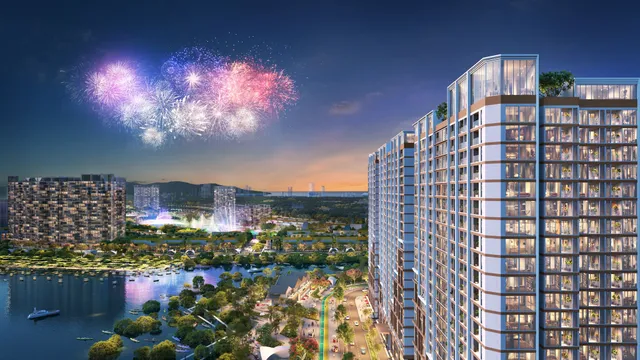 Phối cảnh Charmora City về đêm — các tòa The Onsen bên sông Quán Trường (hình ảnh minh họa của chủ đầu tư)