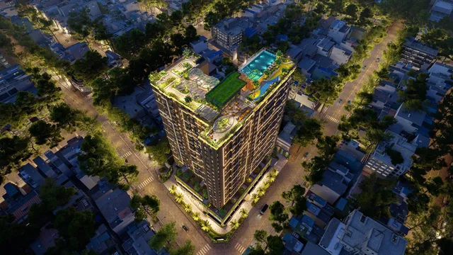 Phối cảnh Legacy 66 nhìn từ trên cao về đêm tại 66 Tân Thành, Phường Chợ Lớn (Quận 5 cũ)