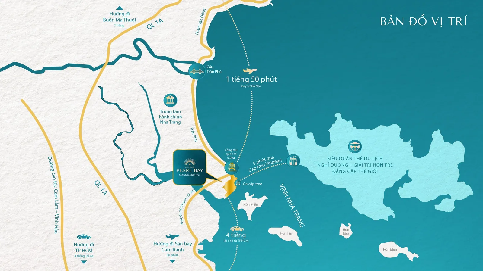 Bản đồ vị trí Vinhomes Pearl Bay tại số 9 Trần Phú Nha Trang: cạnh cảng tàu quốc tế, 5 phút cáp treo tới Hòn Tre, 30 phút tới sân bay Cam Ranh