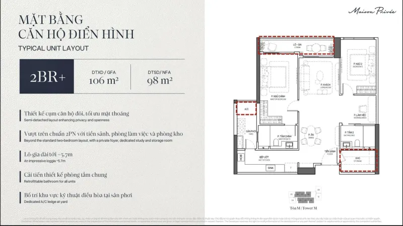 Mặt bằng căn hộ loại M · 2PN+ (tham khảo)