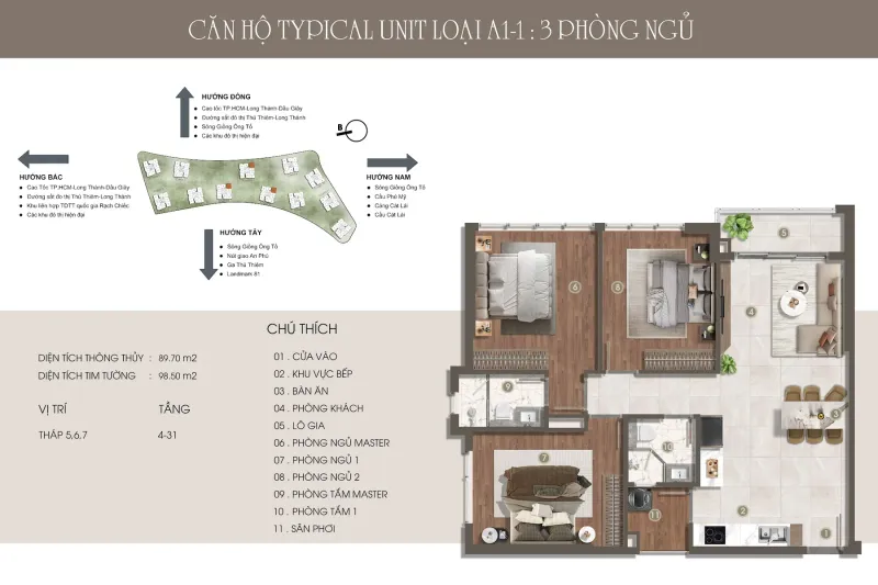 Mặt bằng căn hộ loại A1-1 · 3BR · T5–7