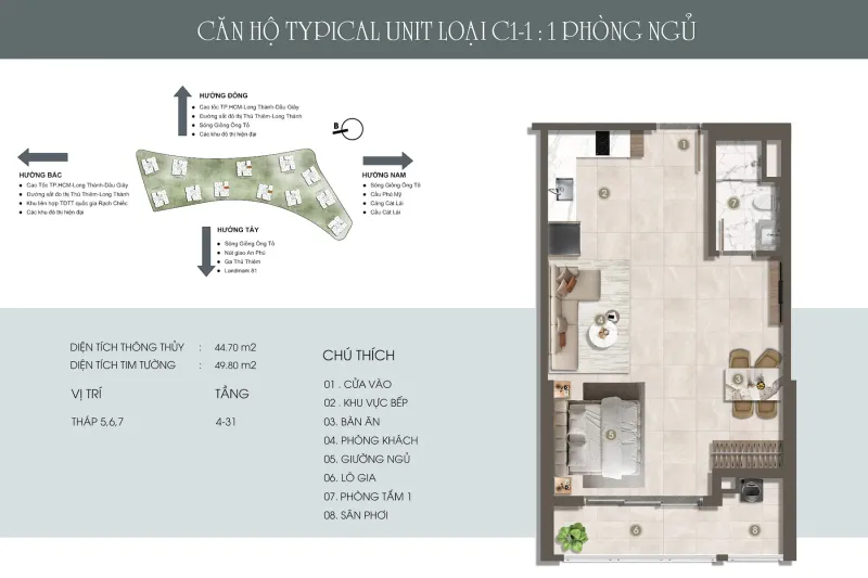 Mặt bằng căn hộ loại C1-1 · 1BR · T5–7